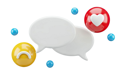 Social media interaction icons: chat bubbles, sad emoji, heart, and blue dots