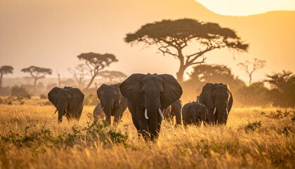 Obraz premium Majestic Elephants Roaming the African Savanna at Sunset, Golden Hour.