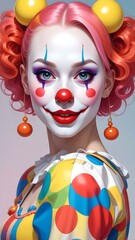 A woman with clown makeup, colorful dress, red hair, and yellow balls as hair accessories
