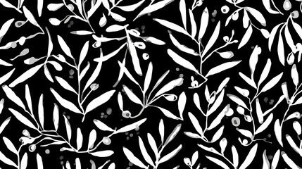 Fototapeta premium Olive leaf seamless pattern line art botanical