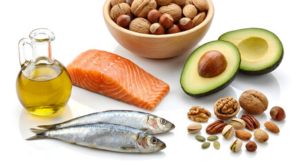 Healthy Omega-3 Foods Flat Lay: Salmon, Avocado, Olive Oil, Nuts & Seeds