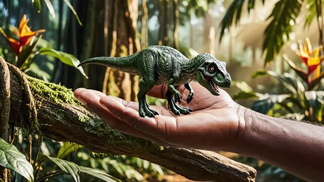 Tiny green dinosaur walking from mossy branch onto human hand