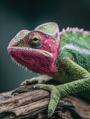 Obraz premium Close-up of a brightly colored chameleon on a branch