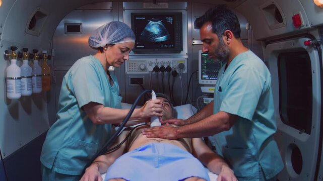 air ambulance paramedics stabilize patient on stretcher inside helicopter cabin, two crew perform airway management and monitor vitals with oxygen and ultrasound, intense controlled teamwork