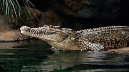 Obraz premium Crocodile Swimming in Freshwater Environment with Rocky Background