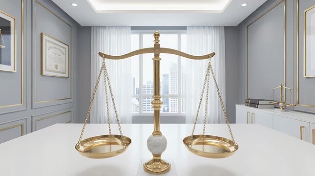 Golden justice scale on a white table in a modern interior