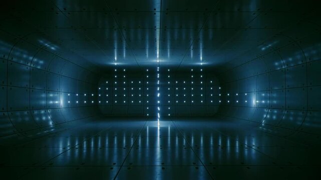 Empty illuminated tech chamber with grid of LED dots, metallic walls and reflective floor create cinematic symmetry, cool teal lighting and dotted pattern suggest prototype test stage,
