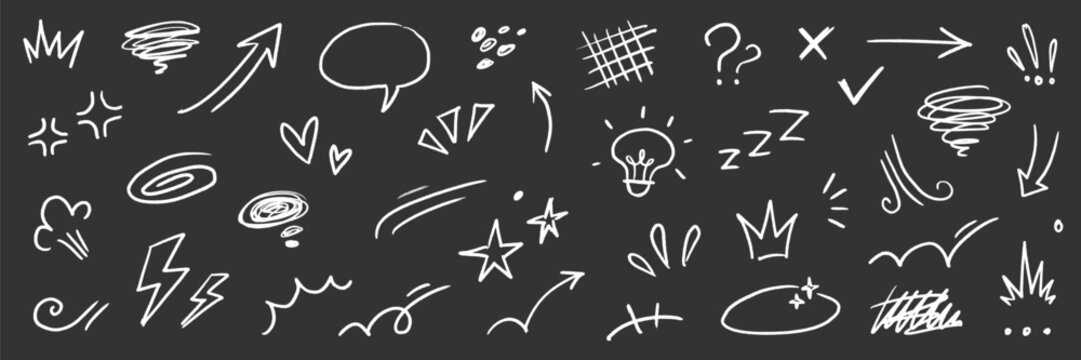 Line cartoon comic hand drawn movement elements. Hand drawn doodle line emoji sketch element arrow, emphasis mark, shock emotion, star shape. Crayon line anime expression icon. Vector illustration