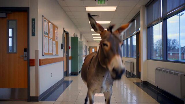 donkey pausing in school corridor making faces and head tosses, closeup on expressive ears and nostrils, natural daylight through windows, bulletin posters along walls, playful mascot