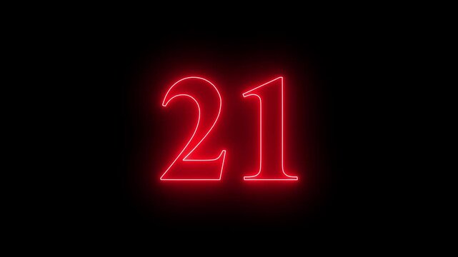 Neon Number 21 Animation, Glowing Numeric Symbol for Countdown or Anniversary on Black Background