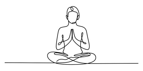 Continuous line drawing of a person meditating in a yoga pose with hands in prayer position Vector, illustration