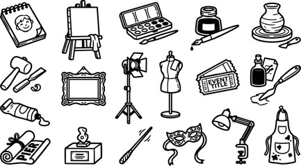 Line art doodle vector set of art and craft icons in grid showing tools and materials top view black ink