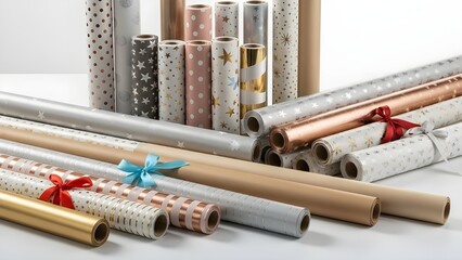 This bright, modern image displays a diverse collection of wrapping papers—featuring metallic finishes, polka dots, stars, and solid neutrals—arranged in stacked and laid-flat formations