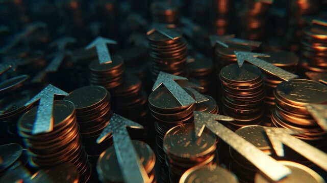 Rising arrows on stacked coins symbolize public finance law impact and economic growth concept