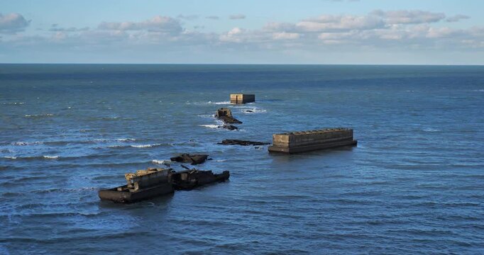 The Mulberry harbour artificial potrt, Arromanches les Bains, the Normandy in France.