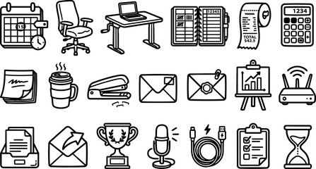Hand drawn line icon set of office supplies arranged in grid featuring laptop desk chair calendar coffee hourglass