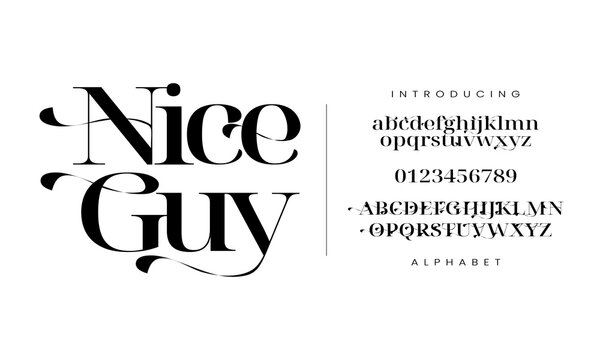 Nice Guy elegant serif font with luxury swashes and decorative ornaments for wedding invitations and branding