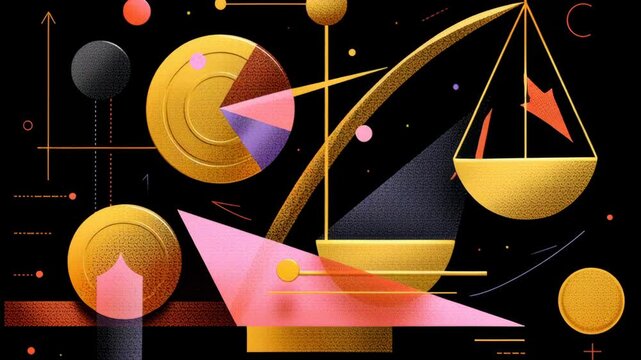 Public finance and law concepts with abstract golden scales, balance, and pie chart black background