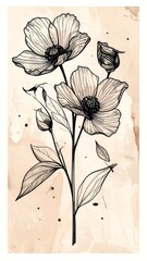 Black floral sketch against an abstract tan background, highlighting line art and organic, delicate details