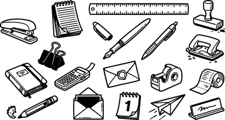 Hand drawn sketch assortment of office supplies icons overhead layout monochrome vector line art stapler pen notebook
