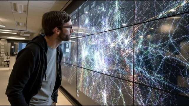 Neuromorphic Computing. Brain-Inspired Computing. Neuromorphic Chips. Cognitive Hardware. Robotics. Low-Power AI. A man observing a vibrant digital display in a modern workspace.