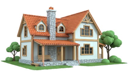 Stylized Cartoon House with Red Tile Roof and Stone Chimney
