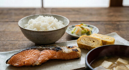 Traditional Japanese breakfast with grilled salmon, rice, tamagoyaki, and miso soup