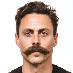 Obraz premium Man with a strong, well-groomed mustache, deep brown eyes and serious expression