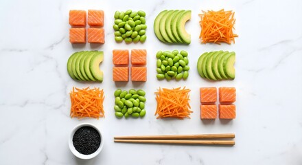 Knolling of fresh ingredients for a poke bowl with salmon edamame and avocado slices, healthy seafood lunch and colorful food organization concept