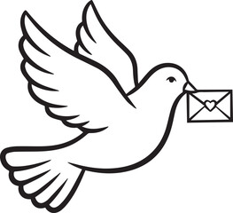 Obraz premium Black outline dove carrying envelope with heart bird