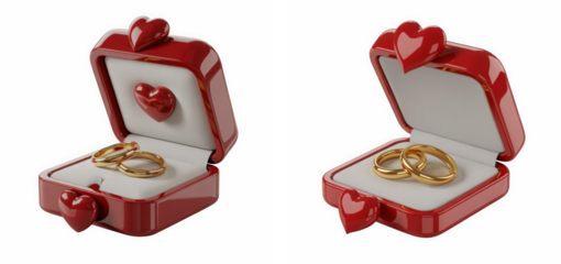 Pairs of romantic jewelry display boxes featuring shiny gold wedding bands and glossy red hearts on transparent background