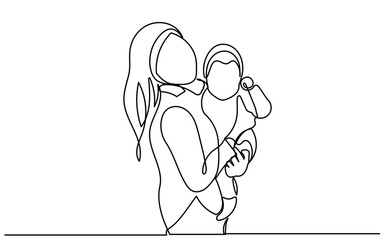 Mother and baby line art vector illustration. Minimalist line art of a mother holding her children, continuous line drawing of a mother, love, care, newborn, happy, cute vector.