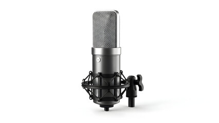 Close-up view of a silver and black ribbon microphone on a black adjustable clamp stand against a plain white studio backdrop