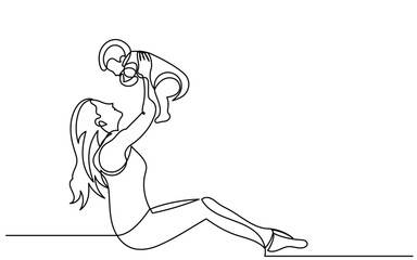 Continuous line drawing of a mother sitting and lifting her baby. Minimalist vector illustration of motherhood, parenting, and family bond. concept of love, care, love, joy, vector.