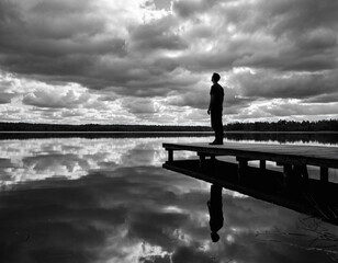 A silhouette of a man standing on a bridge