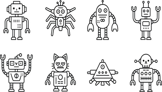 Modern robot characters line icon set featuring various android mascots, spider bot, and mechanical creatures
