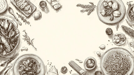 Hand Drawn Italian Cuisine Illustration with Pasta and Seafood on Vintage Paper.