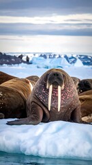 Walrus rests on ice, with others behind, against a backdrop of icy landscape, under a cloudy sky
