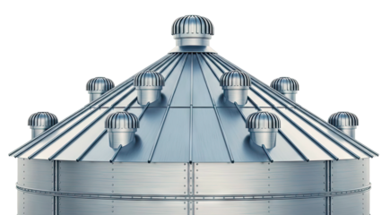 Close-up of a Metal Silo Roof with Multiple Turbine Ventilators