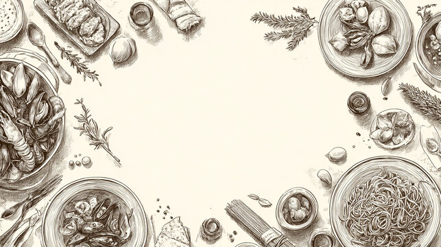 Hand Drawn Italian Cuisine Illustration with Pasta and Seafood on Vintage Paper.