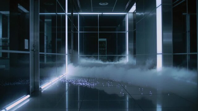 Illuminated cube with foggy design, Reflective glass box with luminous lines and mist in dark space, Vivid neon glass square featuring swirling fog and glowing lines in modern dark environment