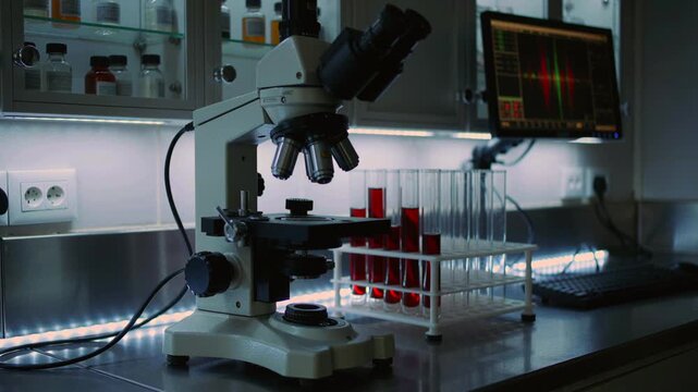Scientific workspace with equipment, Laboratory arrangement featuring testing instruments, Experimental laboratory outfitted with diverse tools for sample testing and scientific investigation