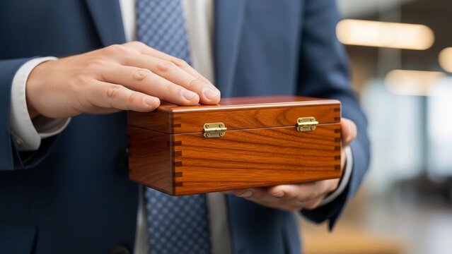 A businessman holding a small wooden box in his hands