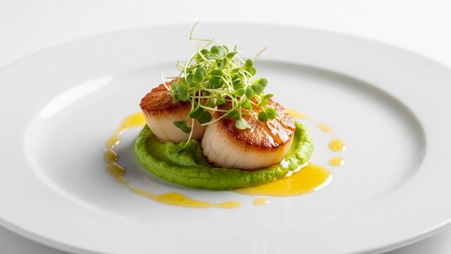 A beautifully presented dish of seared scallops on a green sauce