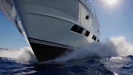 Dynamic low-angle shot of a yacht cutting through waves under a bright sun, capturing the thrill of sailing, ideal for a promotional video.