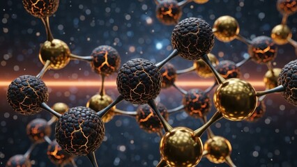 3d abstract molecular structure with gold and dark spheres glowing orange in space