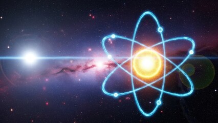 Abstract atom model with orbiting electrons in a cosmic galaxy background with bright star.