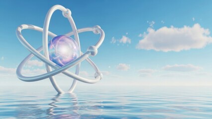 An abstract atomic model floats on calm water against a blue sky with clouds.