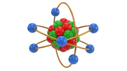 Close up of an atomic model showing nucleus and orbiting electrons.