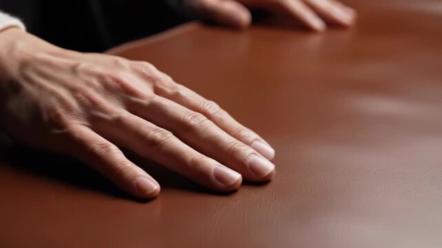 Close up on a person's hand resting on a rich brown textured surface under soft lighting with a shallow depth of field highlighting the fingertips and knuckles with a blurred background of another